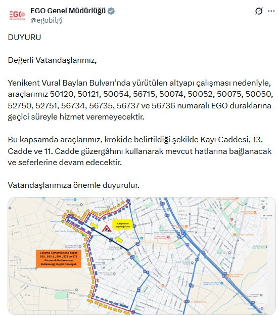 EGO duyurdu: Otobüsler geçici olarak 14 durağa hizmet veremeyecek