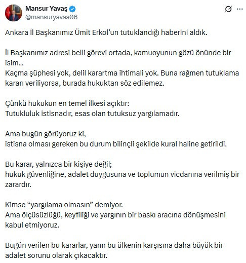 Mansur Yavaş: "Yargının bir baskı aracına dönüşmesini kabul etmiyoruz"