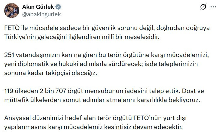 Akın Gürlek: "119 ülkeden 2.707 FETÖ mensubunun iadesini talep ettik"