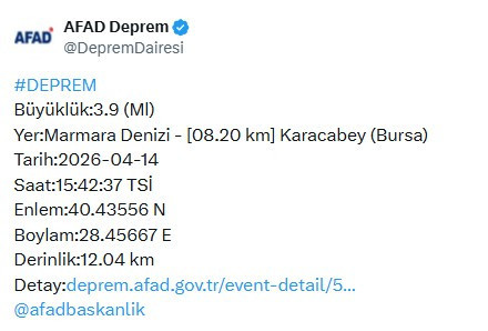 Marmara'da 3.8 şiddetinde deprem oldu!