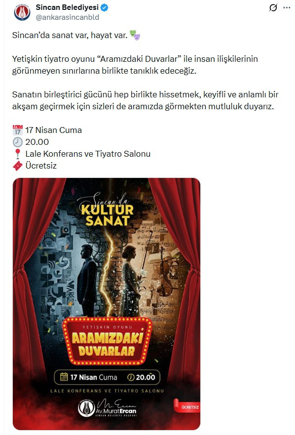 Sincan Belediyesinden yetişkinler için tiyatro oyunu duyurusu