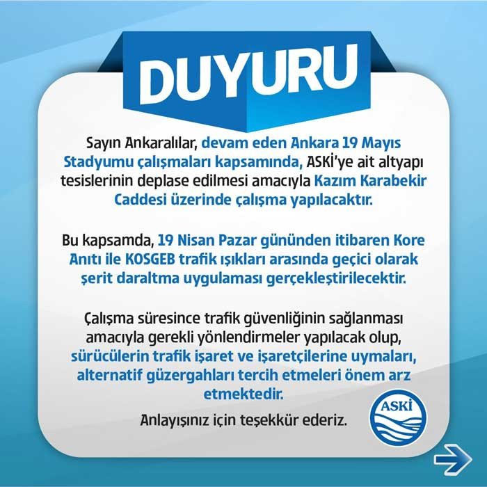 ASKİ’den Ankaralılara duyuru: Kazım Karabekir Caddesi’nde şerit daraltma yapılacak!
