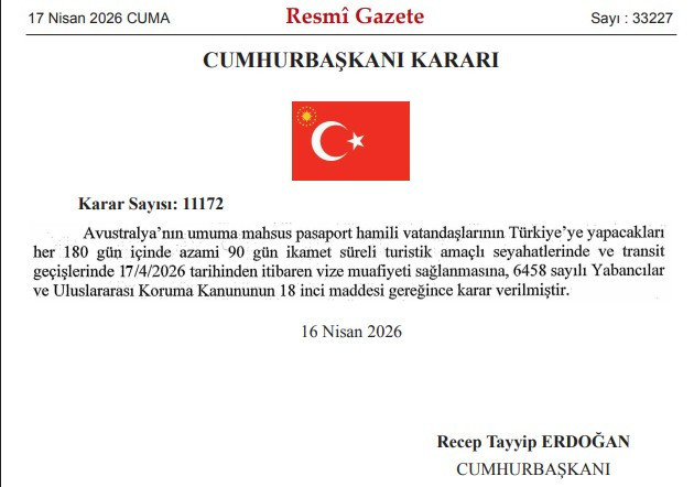 Avustralya vatandaşlarına Türkiye'ye girişlerde vize muafiyeti getirildi