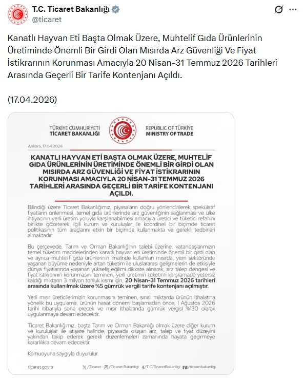 Ticaret Bakanlığından mısırda arz güvenliğine ilişkin açıklama!