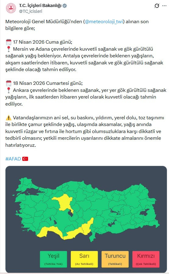 Ankara için 'sarı kodlu' meteorolojik uyarı verildi!