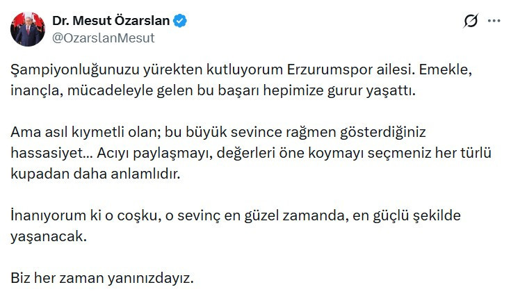 Keçiören Belediye Başkanı Mesut Özarslan, Süper Lig'e yükselen Erzurumspor'u tebrik etti
