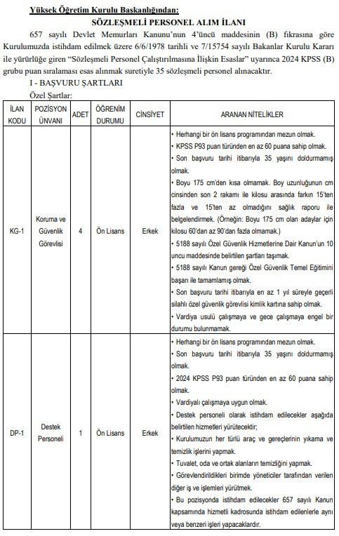 YÖK'ten sözleşmeli personel alım ilanı: Güvenlik görevlisi, şoför, teknisyen, büro ve destek personeli!