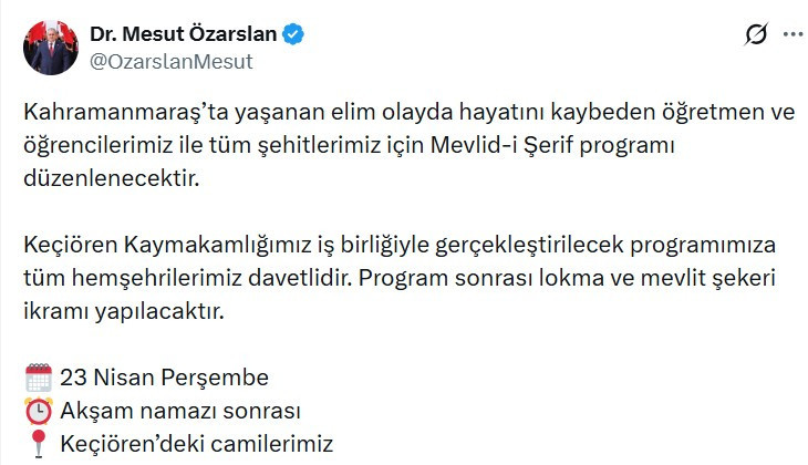 Keçiören Belediye Başkanı Mesut Özarslan'dan Mevlid-i Şerif programına davet