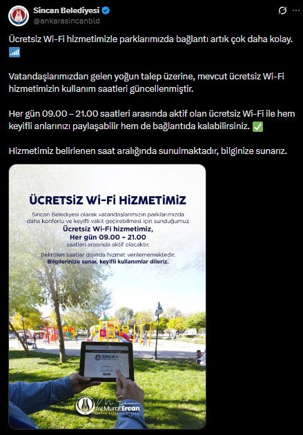 Sincan Belediyesi duyurdu: Ücretsiz Wi-Fi kullanım saatleri güncellendi!
