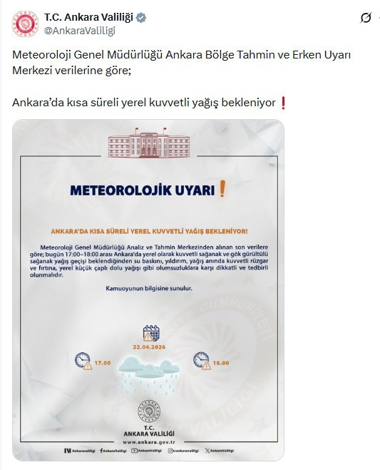 Ankara Valiliğinden sağanak yağış uyarısı!