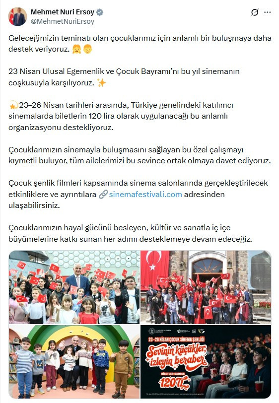 23-26 Nisan arasında çocuk şenlik filmlerinin biletlerinin 120 TL olacağı açıklandı!