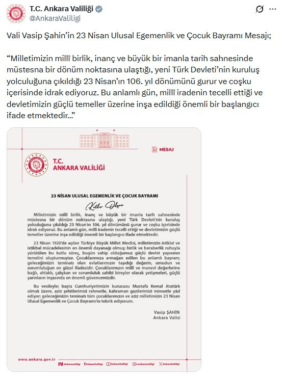 Vali Şahin, 23 Nisan Ulusal Egemenlik ve Çocuk Bayramı'na ilişkin mesaj yayımladı