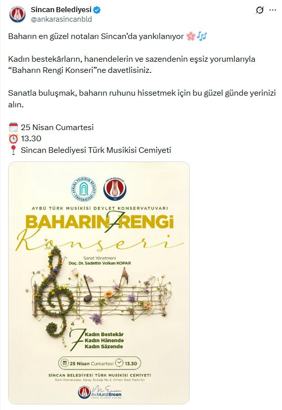 Sincan Belediyesinden Baharın Rengi konserine davet!