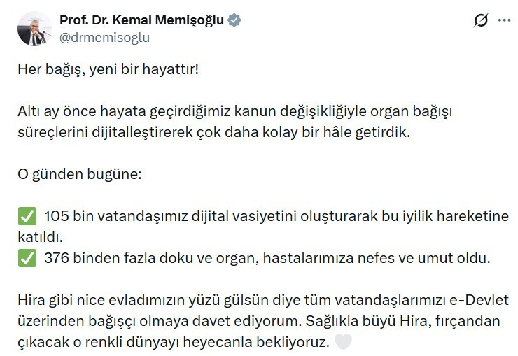 Sağlık Bakanı Kemal Memişoğlu'ndan organ bağışı açıklaması