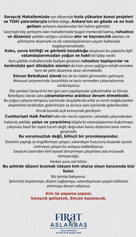Sincan Belediyesi AK Parti Grup Başkanvekili Fırat Aslanbaş: 'Saraycık gelişecek, Sincan kazanacak'