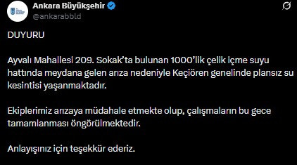 ASKİ, Keçiören dahil 6 ilçede su kesintisi olacağını duyurdu