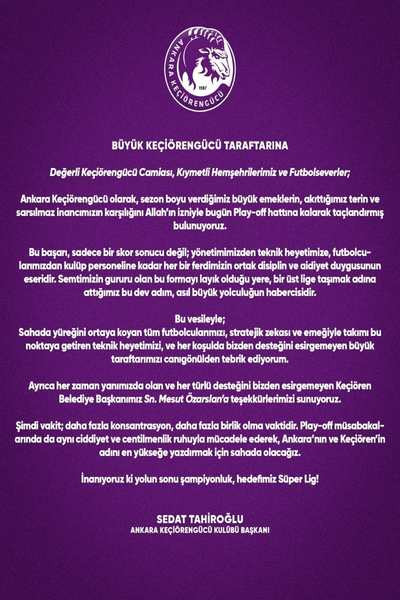 Sedat Tahiroğlu: "İnanıyoruz ki yolun sonu şampiyonluk, hedefimiz Süper Lig"