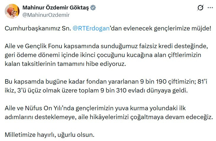 Aile Bakanı Göktaş: "Gençlerimizin yuva kurmalarını desteklemeye devam ediyoruz"