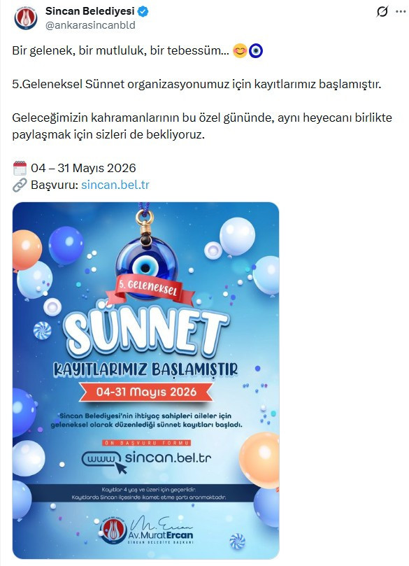 Sincan Belediyesi, sünnet organizasyonu kayıtlarının başladığını duyurdu!