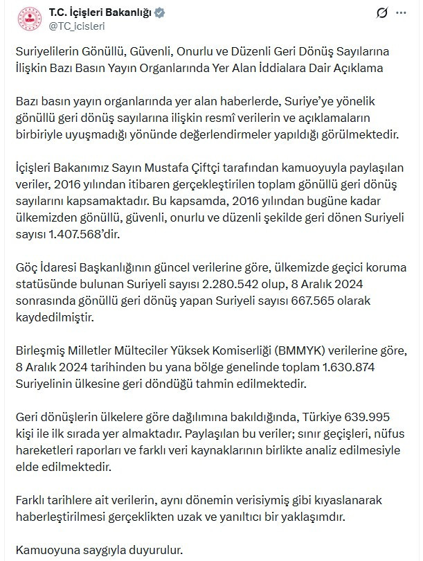 İçişleri Bakanlığı: 2016 yılından bugüne 1.407.568 Suriyeli ülkesine döndü