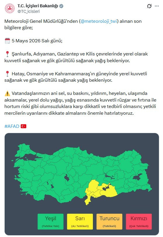 İçişleri Bakanlığı 7 ile sarı kodlu uyarı verdi!