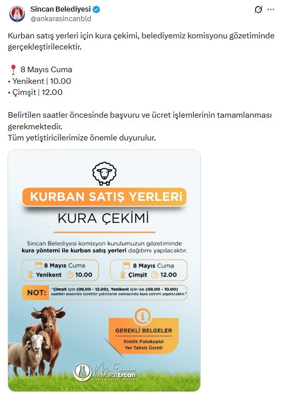 Sincan Belediyesi kurban satış yerleri için kura çekim tarihini duyurdu!