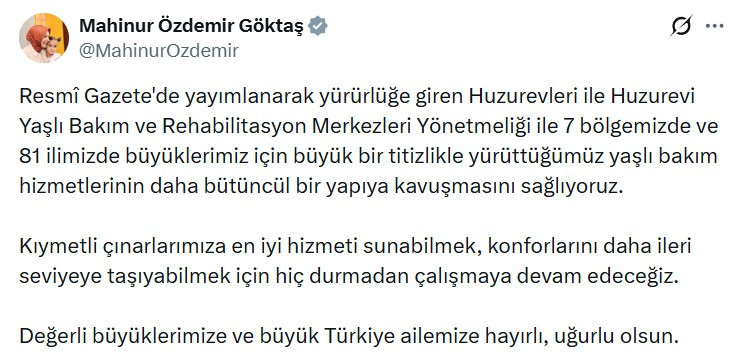 Huzurevleri ile Huzurevi Yaşlı Bakım ve Rehabilitasyon Merkezleri Yönetmeliği yürürlüğe girdi
