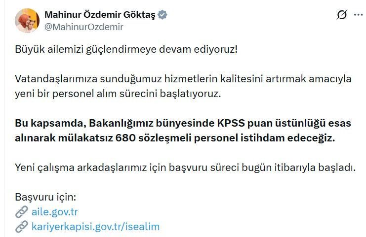 Aile Bakanlığı mülakatsız 680 sözleşmeli personel alımı yapacak
