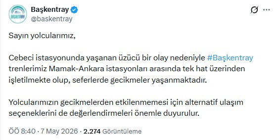 Başkentray duyurdu: Seferler Mamak-Ankara hattında tek ray üzerinden sürüyor!