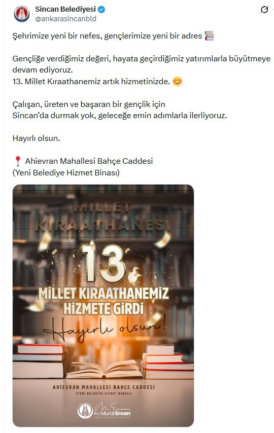 Sincan Belediyesi duyurdu: 13'ncü Millet Kıraathanesi hizmete girdi!