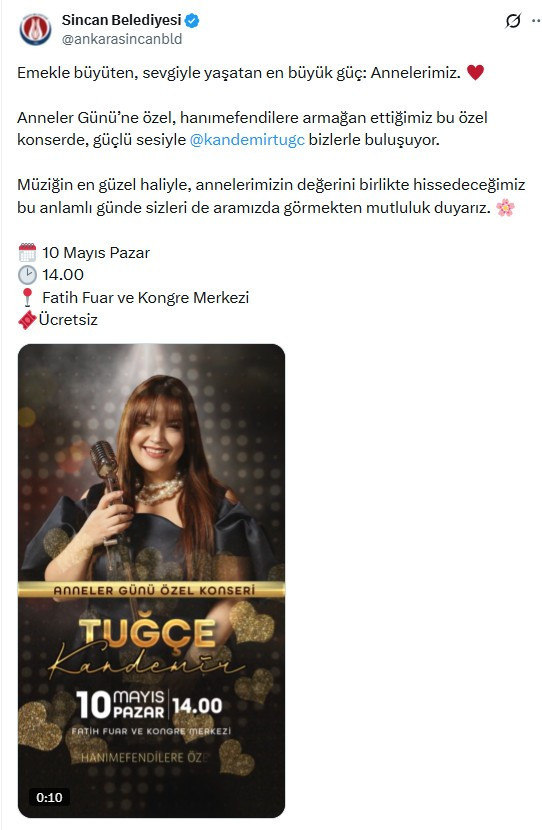 Sincan Belediyesinden Anneler Günü'ne özel ücretsiz Tuğçe Kandemir konseri!