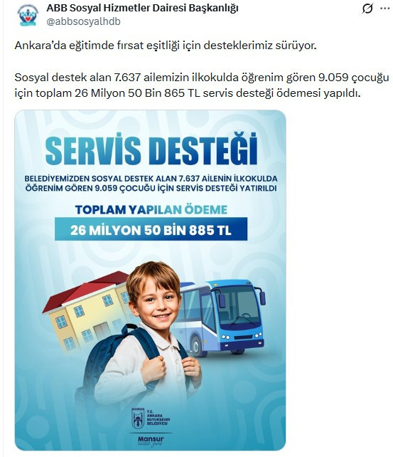 ABB'den 9.059 çocuğa servis desteği ödemesi!