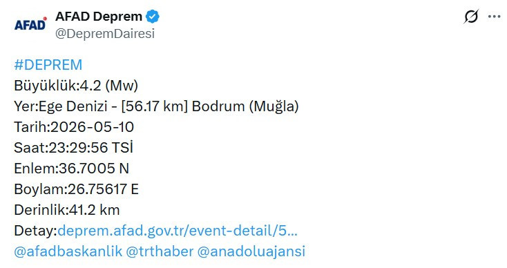 AFAD duyurdu: Ege Denizi açıklarında 4,2 büyüklüğünde deprem
