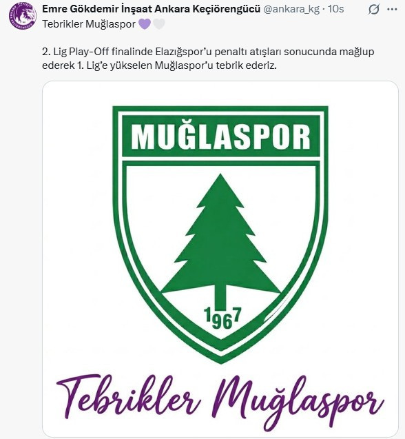 Emre Gökdemir İnşaat Ankara Keçiörengücü'nden 1. Lig'e çıkan Muğlaspor'a tebrik!