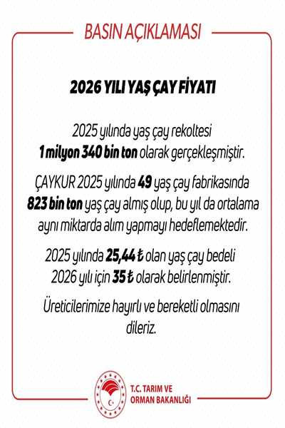 2026 yılı ÇAYKUR yaş çay alım fiyatı açıklandı