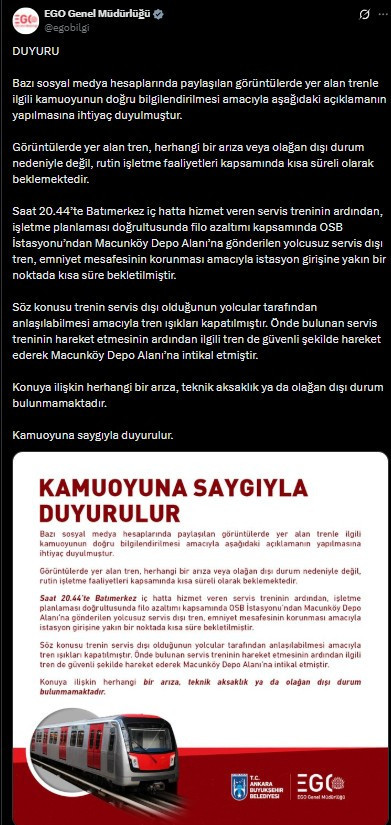 EGO, duraklayan trene ilişkin açıklama yaptı