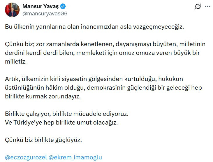 Mansur Yavaş: "Bu ülkenin yarınlarına olan inancımızdan asla vazgeçmeyeceğiz"
