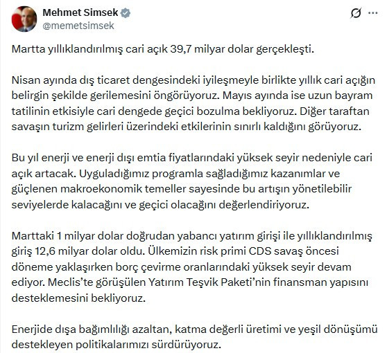 Bakan Şimşek, mart ayı ödemeler dengesi verilerini yorumladı