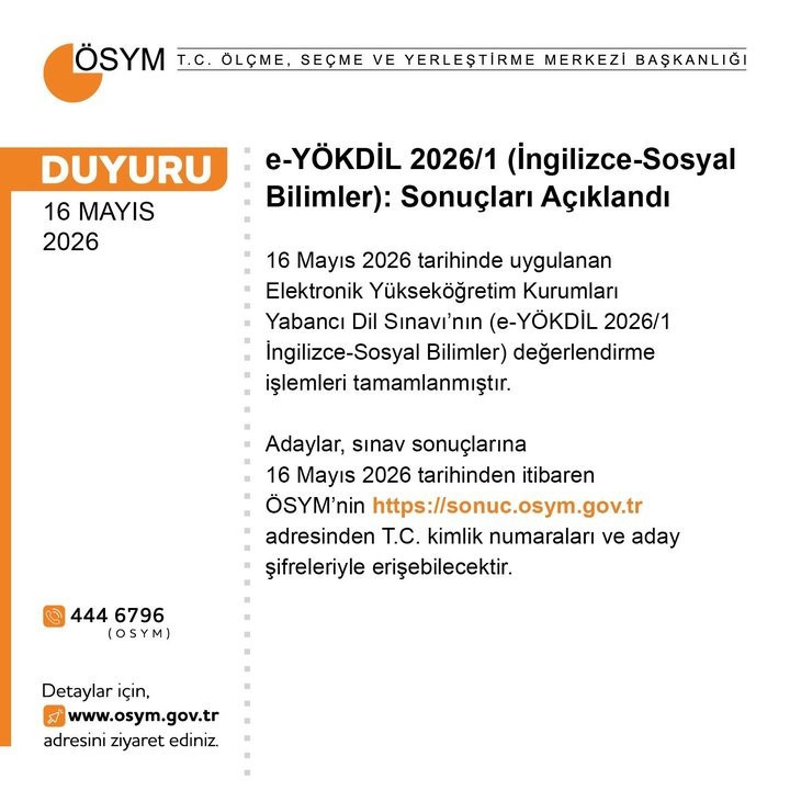 ÖSYM, e-YÖKDİL 2026/1 İngilizce-Sosyal Bilimler sınav sonuçlarını açıkladı