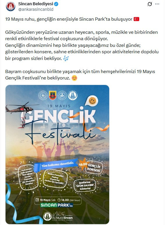 Sincan Belediyesinden 19 Mayıs Gençlik Festivali'ne davet!