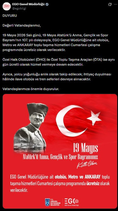 EGO, 19 Mayıs'ta ücretsiz hizmet verecek!