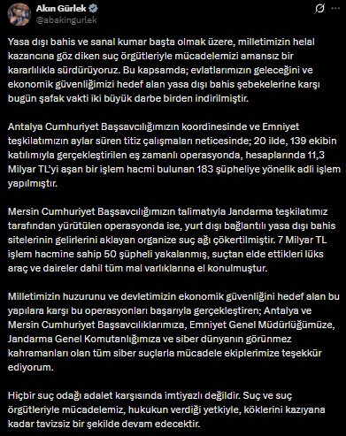 Bakan Gürlek'ten yasa dışı bahis operasyonlarına ilişkin açıklama