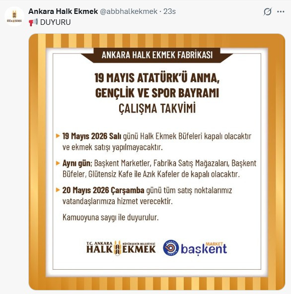 Bugün Ankara Halk Ekmek açık mı, 19 Mayıs ekmek büfeleri çalışıyor mu?