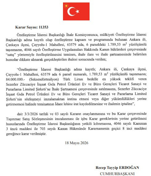 Cumhurbaşkanı Erdoğan imzaladı: Ankara'da 84 milyon liralık özelleştirme kararı!