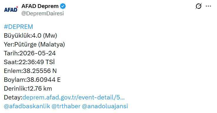 AFAD verilerine göre Malatya Pütürge'de 4.0 büyüklüğünde deprem oldu