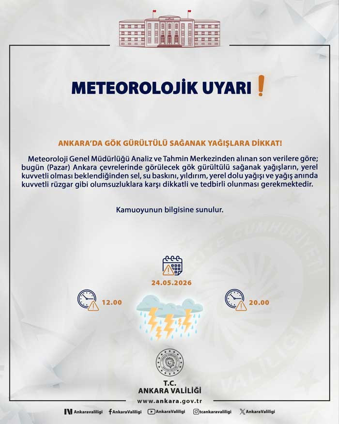 Ankara Valiliği'nden meteoroljik uyarı: Gök gürültülü sağanak yağış, sel, dolu, fırtına!