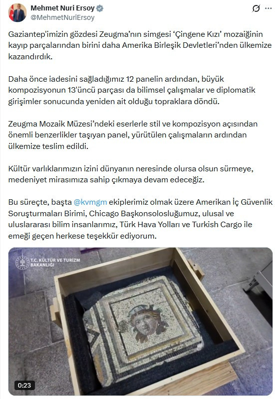 Çingene Kızı mozaiğinin kayıp paneli Ankara'ya getirildi