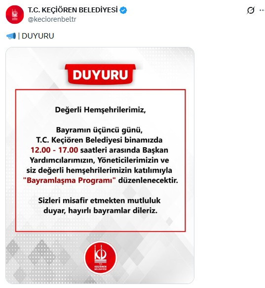 Keçiören Belediyesi bayramın üçüncü günü Bayramlaşma Programı düzenleyecek