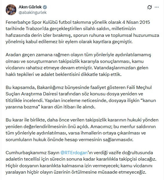 Bakan Gürlek duyurdu: Fenerbahçe kafilesine yönelik saldırı dosyası yeniden açıldı
