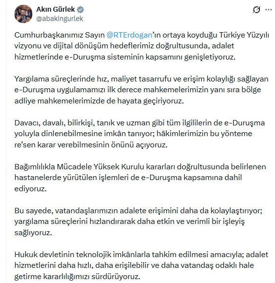 Bakan Akın Gürlek, e-Duruşma sisteminin kapsamının genişlediğini duyurdu